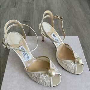 Jimmy Choo Ivory Lace Heels with Pearl Accent